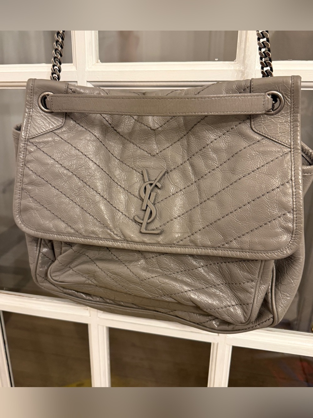 Saint Laurent Women’s Medium Niki Gray Leather Chevron Chain Shoulder Bag